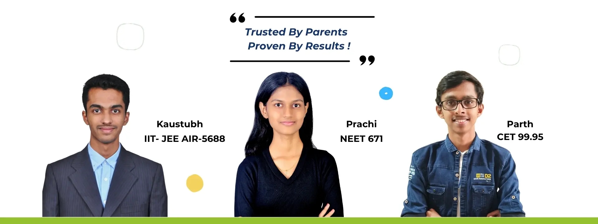 Saptarshi Classes Toppers - Kaustubh IIT-JEE AIR 5688, Prachi NEET 671, Parth CET 99.95